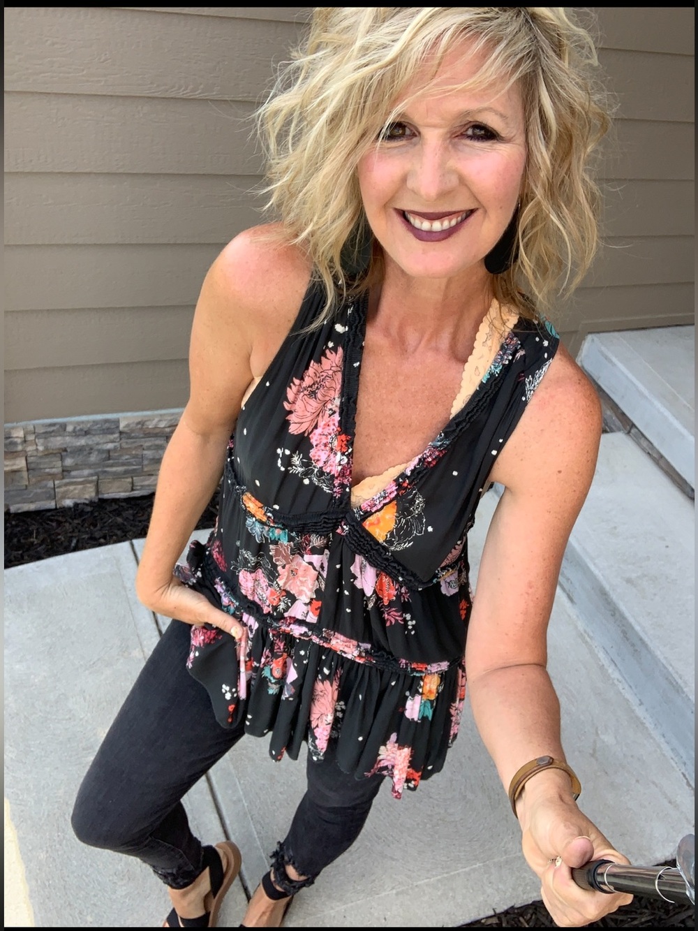 Free People Black Floral V-Neck Tiered Sleeveless Tunic - Picture 9 of 10